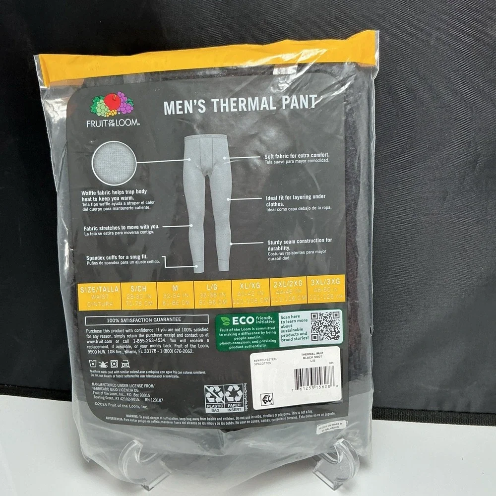 Fruit of The Loom‎ Men's Black Thermal  Long Johns Pants Size Large